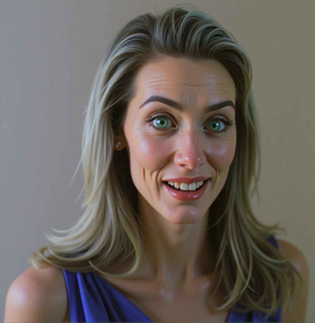 a detailed beautiful sexy evil witch with a big nose, long pointy ears, big forehead, long hair tucked behind long pointy ears, raised eyebrows, perfect teeth, big teeth, wearing a blue dress, evil laugh, cinematic lighting, hyper realistic, 8k hd resolution, highly detailed, photorealistic, masterpiece, very detailed ears, cartoonishly big green eyes