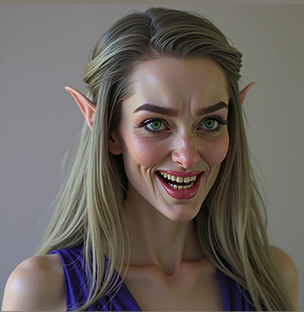 Pretty half elf half orc girl with white tannish skin and pretty hazel green and amber eyes and 2A short fried hair that’s dark honey blond and dark strawberry blonde and small orc teeth out front and short half elf ears