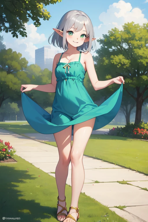 (High definition) (masterpiece) 1 girl, elf, body, cute face, young, slender, perfect waistline, perfect legs, small breasts, in cute sundress, nice cleavage, cute green eyes, medium sized silver hair, smiling, sexy pose, outdoor, full body, cute feet, wearing golden sandals