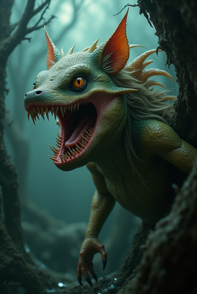 Create Peter Pan half piranha with the scary background 