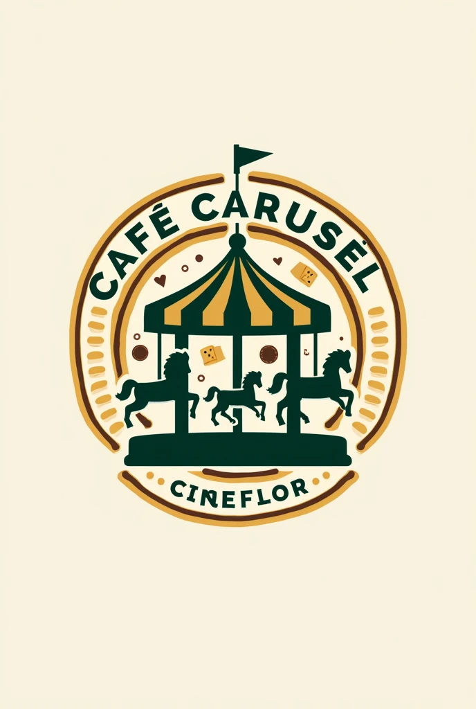 “Create an logo for a coffee shop called &#39;Café Carrusel&#39;. The logo should have a central carousel with board game pieces like dice, chips and cards. Surround the carousel with a circle that has the name &#39;Café Carrusel&#39;. Use dark green colors (#2E865F) for the carousel and the pieces, wood (#964B00) for the circle and the details, and yellow (#F7DC6F) for accents and text. The typography must be modern and legible open sans