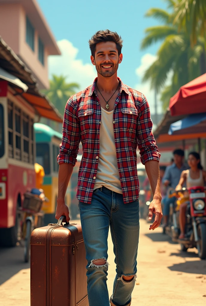 A handsome Thai man wearing a plaid shirt and ripped jeans, carrying a suitcase. At the bus station, there are buses, rickshaws, motorcycles, and vendors selling grilled chicken.