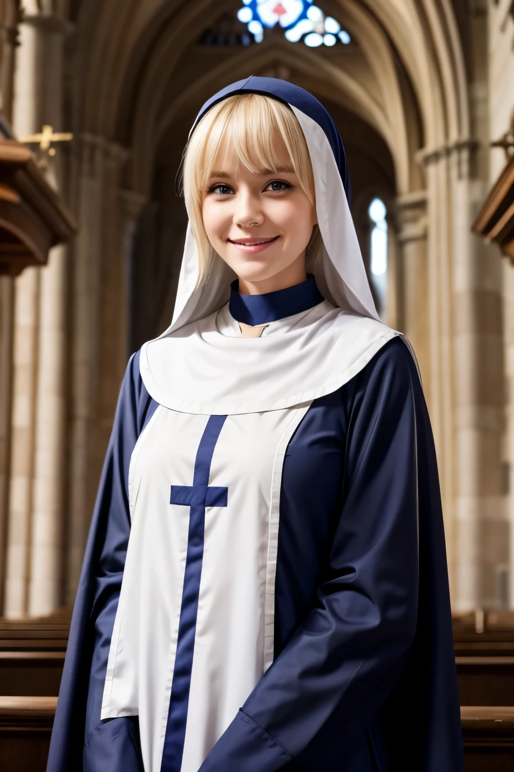 A cute French、Blonde Hair、With bangs、Blue Eyes、smile、Slim body、Monastic uniform、Nuns、Standing in the church