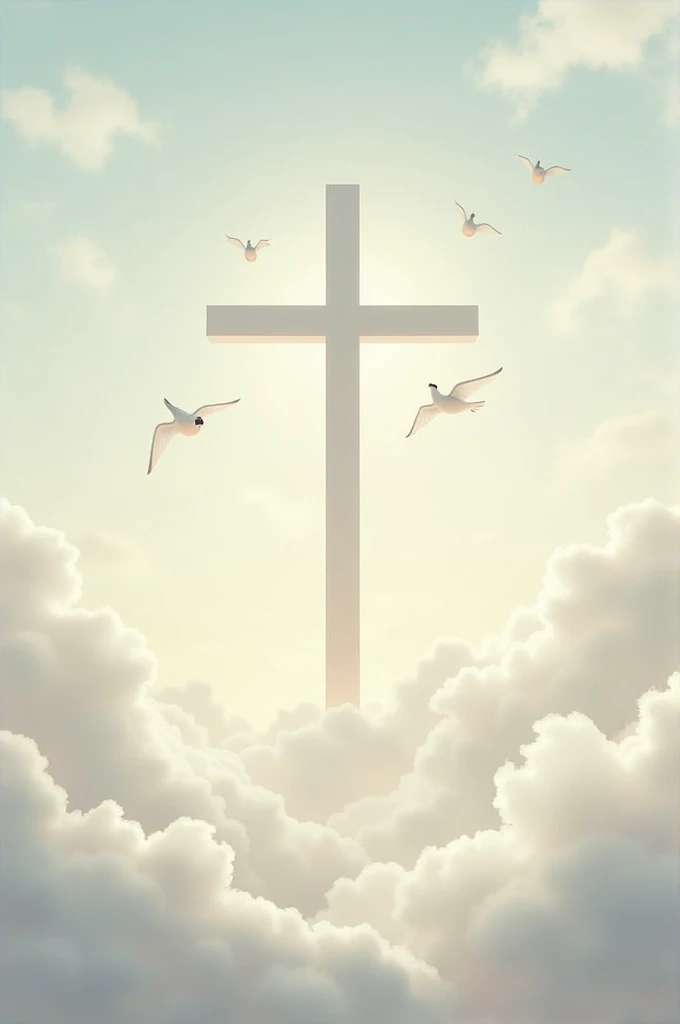 A cross with a neutral colored background and texture with clouds and birds