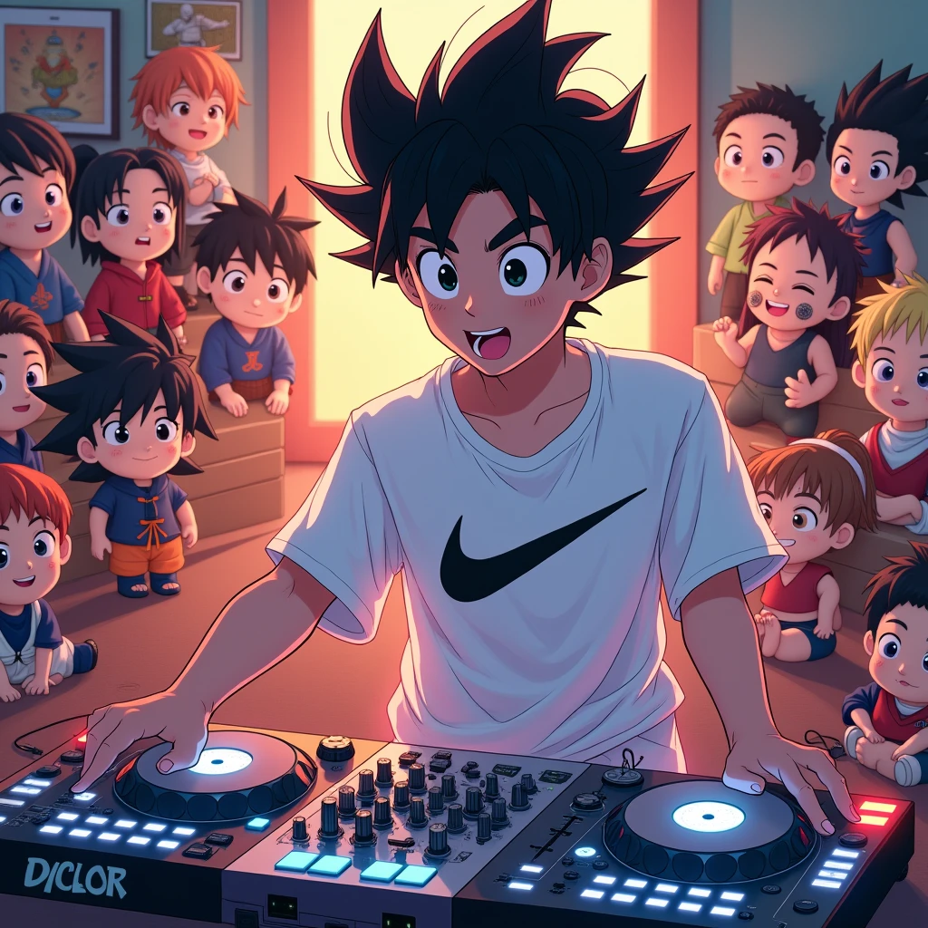 a japanese boy DJ with big hair wearing a white dragon ball t-shirt and a white nike shot, playing his DJ instrument in his room full of Goku and Naruto dolls