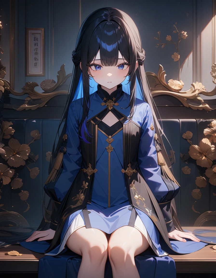 quality\(masterpiece, best quality,8K,Extremely detailed CG unit wallpaper,high resolution,top-quality,top-quality real texture skin,Surrealism,提high resolution,RAW photos,Best quality,Very detailed,wallpaper\)一个帅气flat chest的女生穿着一件蓝色西装外套校服，Black hair，Blue highlights on the ends of hair，flat chest，Sitting upright，Facing the screen