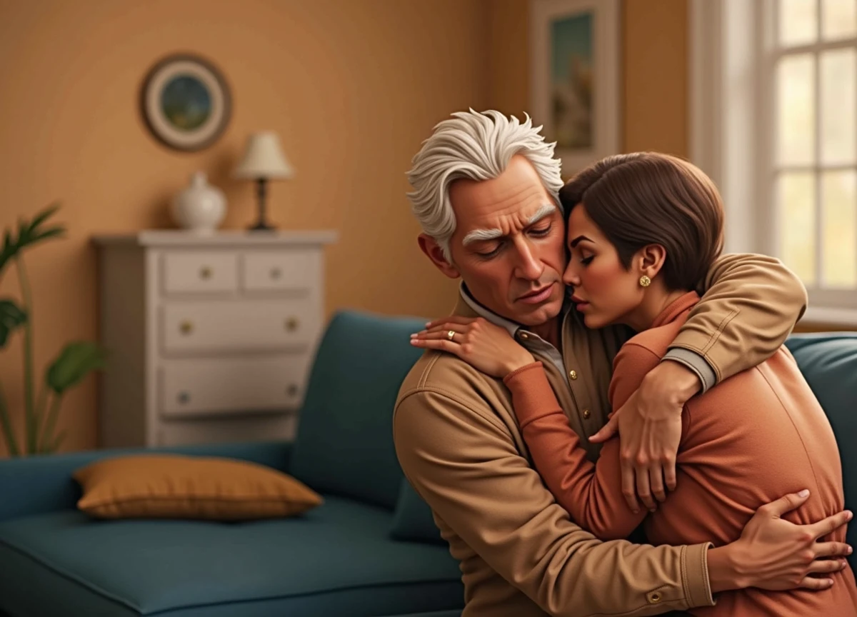 Create a scene where this person hugs the person on the left, 8K resolution, emotional moment, shallow depth of field, soft daylight, realistic skin texture and clothing wrinkles, warm color palette, golden ratio composition