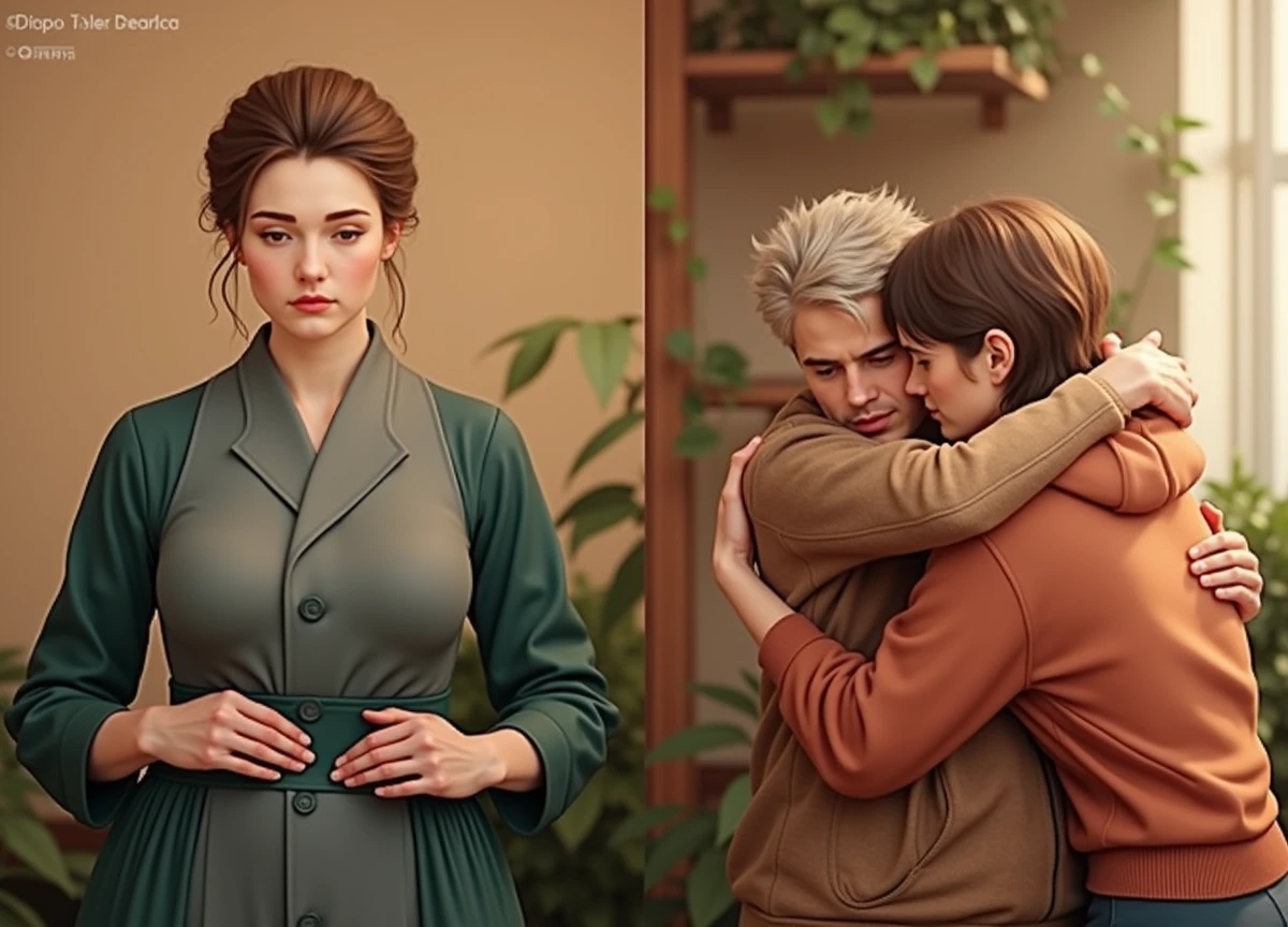 Create a scene where this person hugs the person on the left, 8K resolution, emotional moment, shallow depth of field, soft daylight, realistic skin texture and clothing wrinkles, warm color palette, golden ratio composition