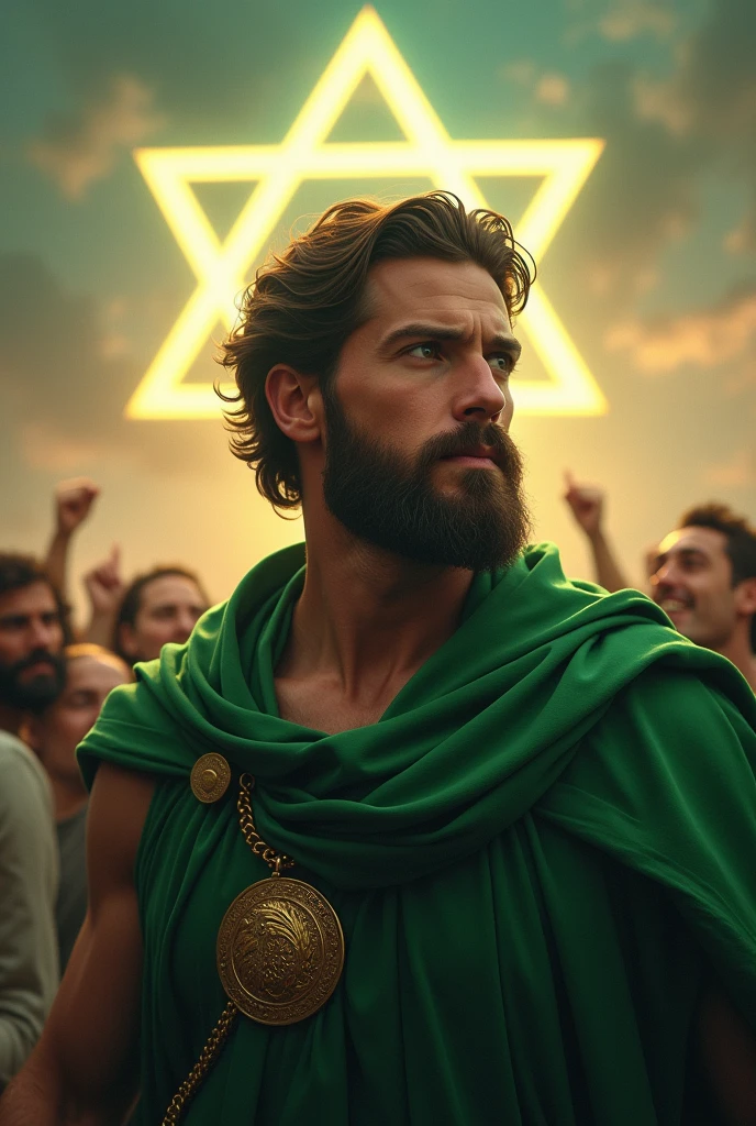A man looking like David, in the background with the Star of David in the sky, green clothing and a medal symbolizing victory.