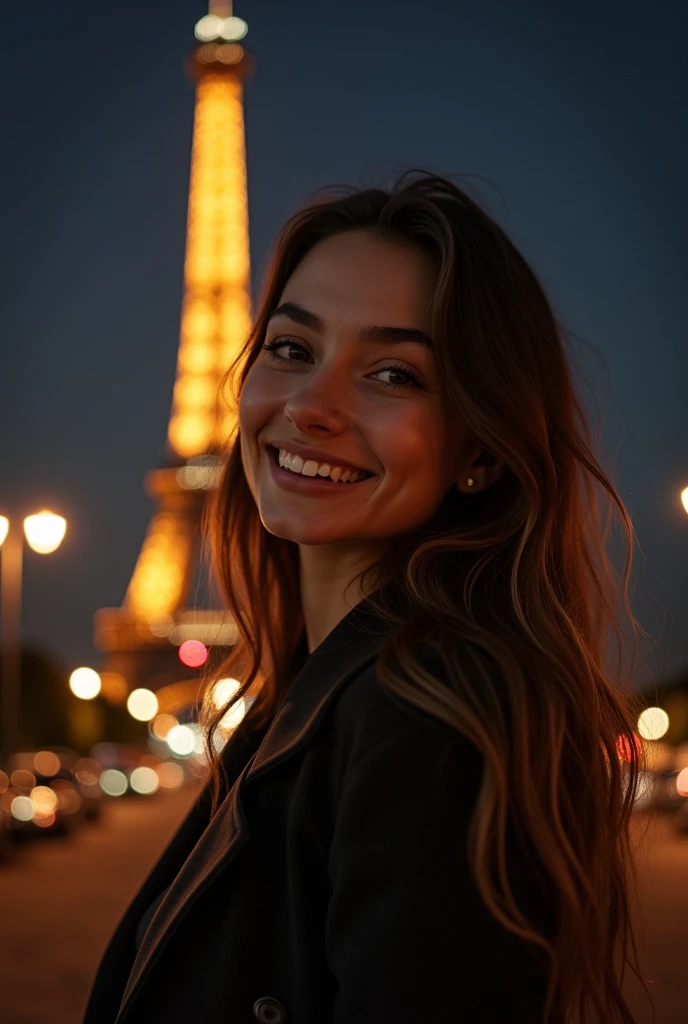 22 year old American woman with mixed skin, affichant un teint lightskin éclatant. She is brunette with long straight hair that falls elegantly over her shoulders.. Her face is of great beauty, avec des traits délicats et harmonieux. Elle arbore un sourire radieux et chaleureux qui illumine l'ensemble de son visage, highlighting her full lips and white teeth;une nuit debout devant la tour Eiffel, with the iconic and singularly presented monument in the background, ((with the model showing a full body view)), almond eyes, oval face shape, high cheekbones, and naturally wavy hair ,d'a height of 170 cm, high resolution, head of'artwork, best quality, intricate details, very detailed, acuity, detailed skin texture, Details of the Yeux parfaits, profession, 4K resolution, charming smile, shot with Canon, depth of field, kodak vision color, extremely detailed, photographie ultra réaliste, photo realistic, Post-traitement, maximum detail, resembling, instagram model, make sure the entire body of the model is displayed