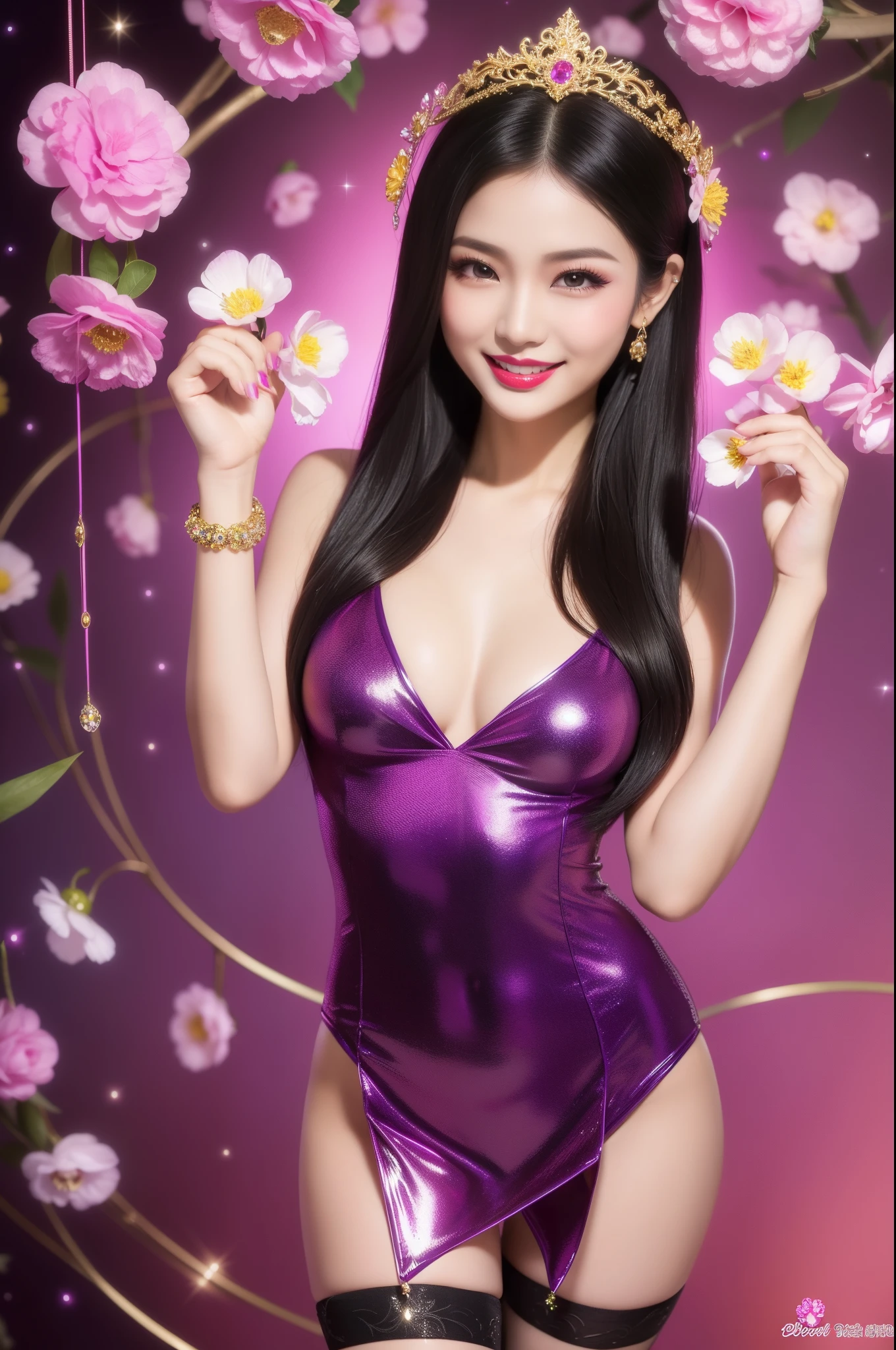 sexy Thai model who controls poison、beautiful smile、lipgloss、bold lipstick、intense makeup、look at the camera、full body Esbian、、sparkling poisoned flower costume、、、、sparkling Colorful hair、secrete poison、skull hair accessories、sexy tights、shiny sparkling flowers background