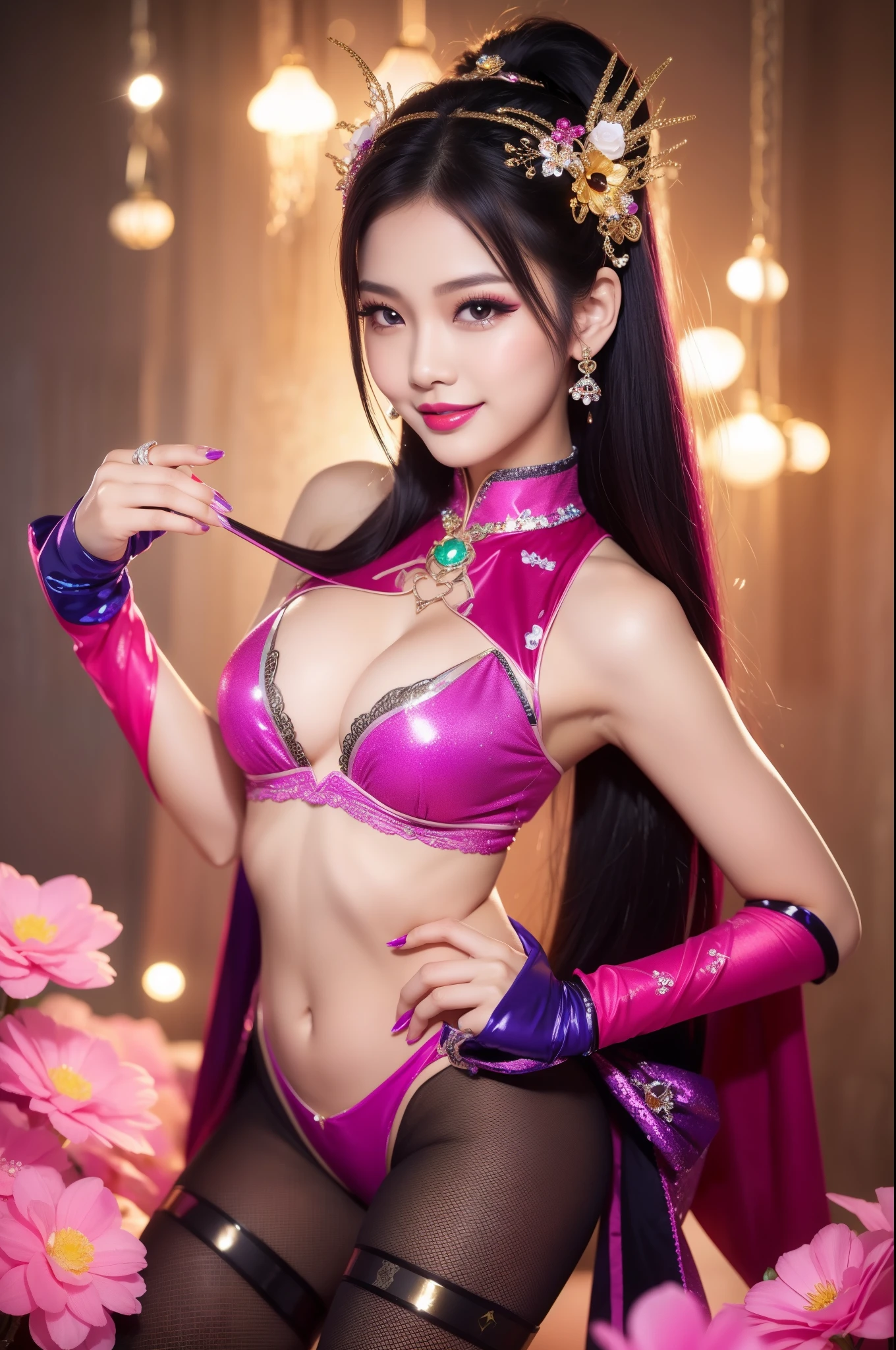 sexy Thai model who controls poison、beautiful smile、lipgloss、bold lipstick、intense makeup、look at the camera、full body Esbian、、sparkling poisoned flower costume、、、、sparkling Colorful hair、secrete poison、skull hair accessories、sexy tights、shiny sparkling flowers background