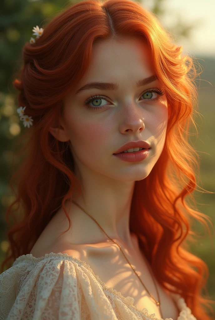Create a portrait of a beautiful woman with long red hair