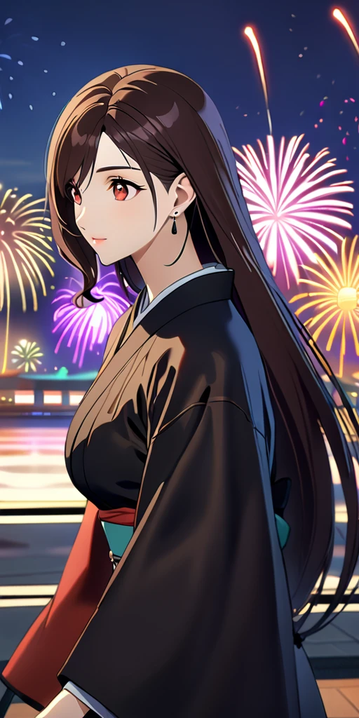 (((((tifa lockhart:1.5))))),((Highest quality、masterpiece、anime style、best quality、high resolution、8k、detailed、ultra-detailed:1.3))、Long legs:1.2, Beautiful woman with perfect figure:1.4、(Smiling:1.2), double eyelid、30-year-old female、((((One Woman,beautiful face,Beautiful face:1.5)))),Big Breasts、High resolution, accurate, Anatomically correct, High-resolution model, high quality, Very detailed, Ultra high definition、Black Hair、Straight Hair、Long Hair、(((long kimono、night,fireworks:1.5)))