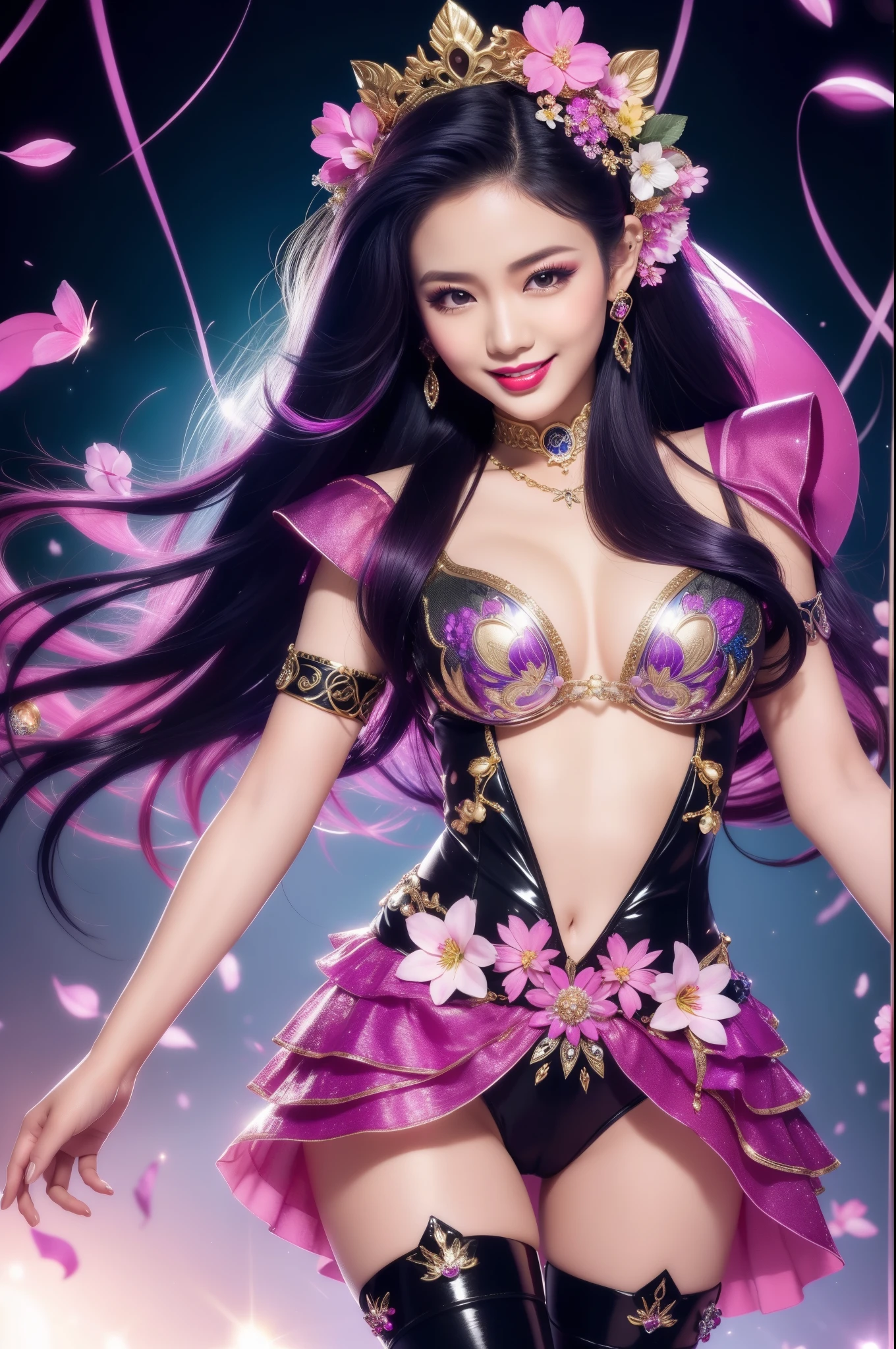 sexy Thai model who controls poison、beautiful smile、lipgloss、bold lipstick、intense makeup、look at the camera、full body Esbian、、sparkling poisoned flower costume、、、、sparkling Colorful hair、secrete poison、skull hair accessories、sexy tights、shiny sparkling flowers background