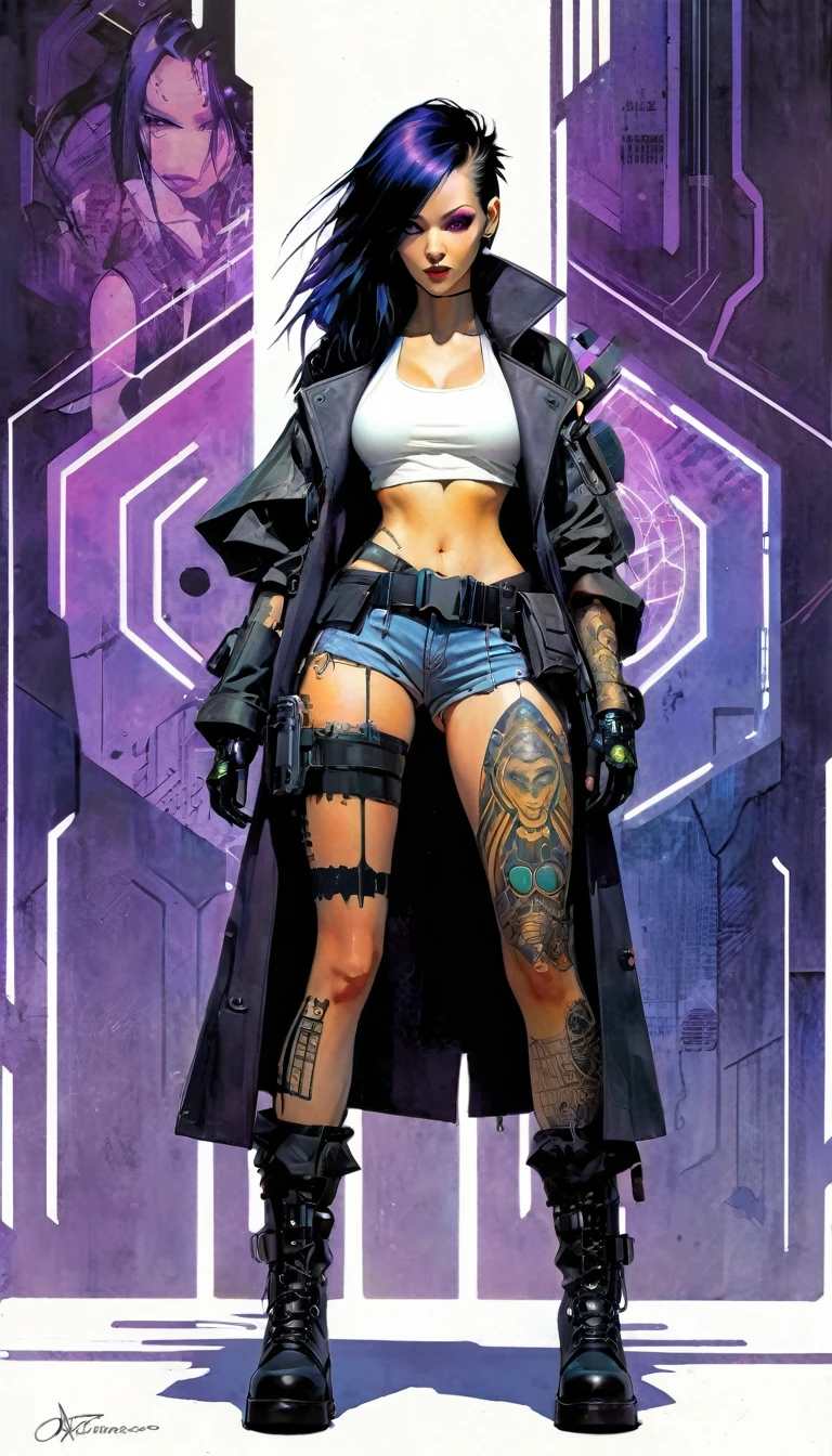 1woman, cyberpunk style, black futuristic coat, black hair, straight hair, long hair, purple inner hair, hexagon shape on coat, futuristic coat, tactical belts, holster,white tanktop, navel, shorts, mechanical gloves, mechanical boots, stylish pose, tactical outfit, barcode tattoo , "VXP" tattoo on legs, digital tattoo on body, white background, , (masterpiece:1.2), (best quality:1.2), (very aesthetic:1.2), (absurdres:1.2), (simple background), newest, intricate details, perfect anatomy, art inspired by Bill Sienkiewicz and Dave McKean
