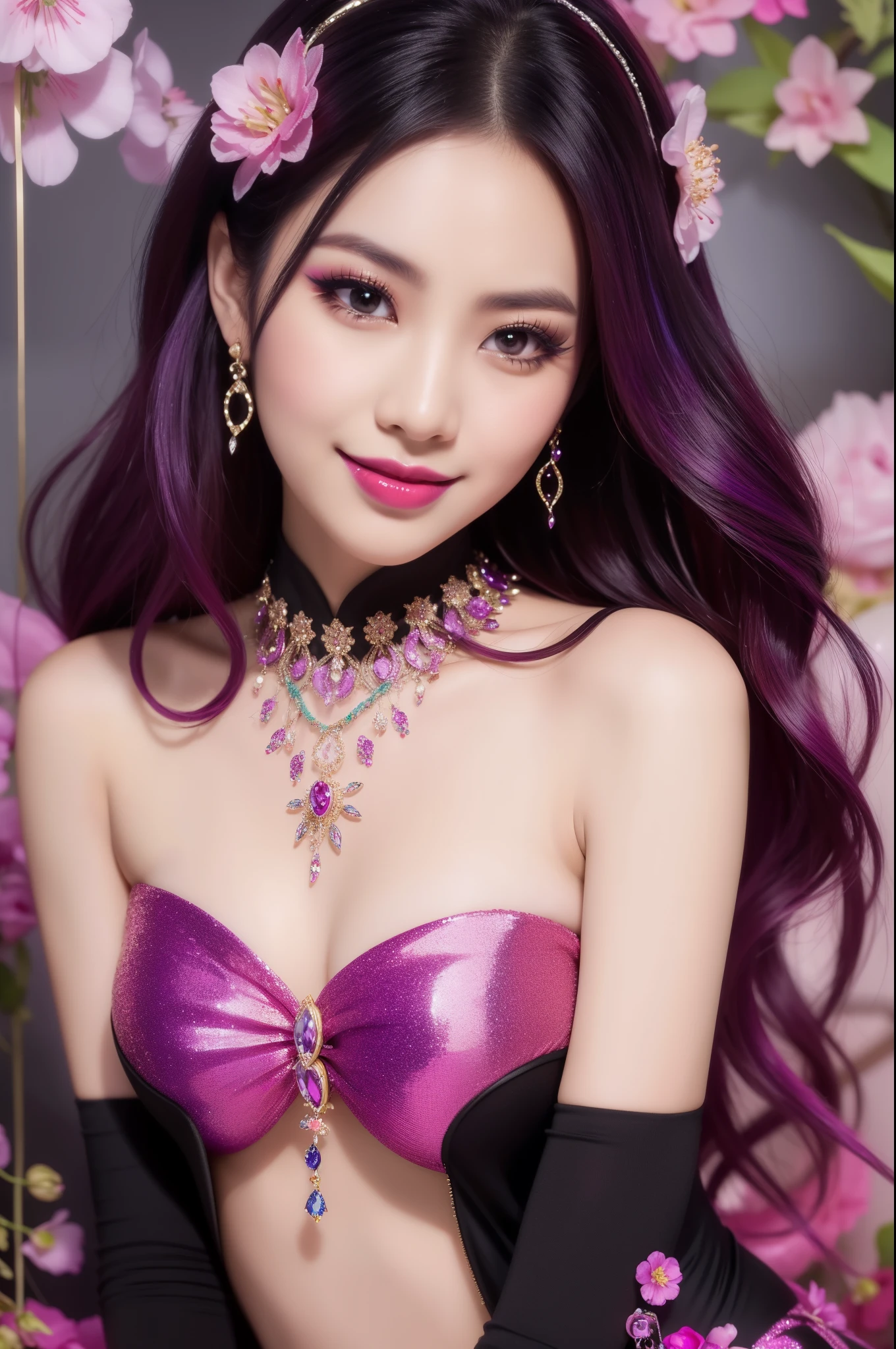 sexy Thai model who controls poison、beautiful smile、lipgloss、bold lipstick、intense makeup、look at the camera、full body Esbian、、sparkling poisoned flower costume、、、、sparkling Colorful hair、secrete poison、skull hair accessories、sexy tights、shiny sparkling flowers background