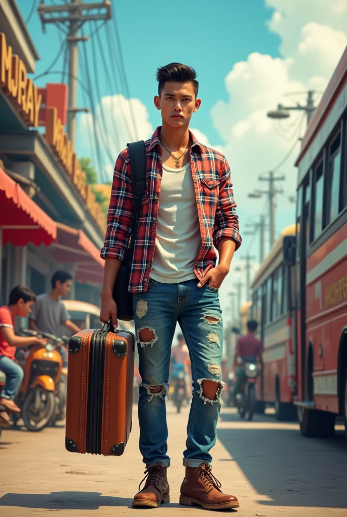 A handsome young Thai man wearing a plaid shirt and ripped jeans, carrying a suitcase at the bus station. There are buses, rickshaws, motorcycles, and vendors selling grilled chicken.
