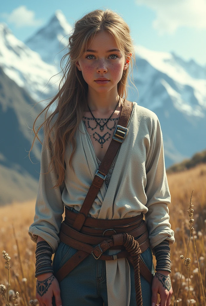   viking girl, Nordic tattoos, light clothing,