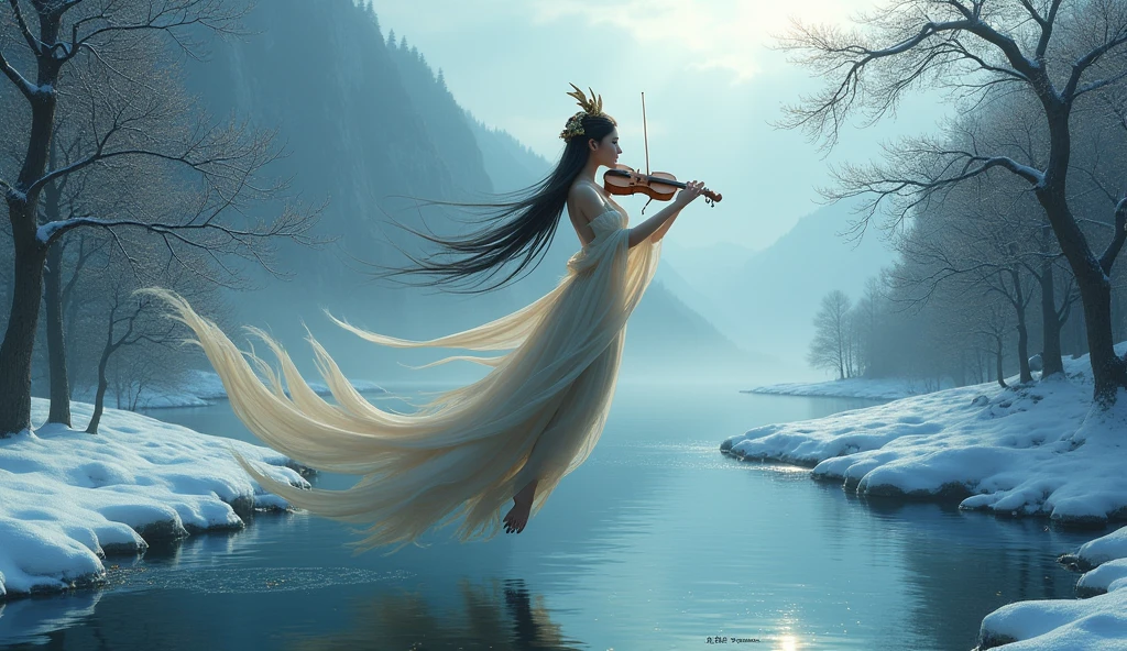 The goddess Kinnara, floating in mid - air, under an almost frozen river.
She's kind of sideways, almost in profile, playing his string instrument, has long dresses, so long that part of its tail touches the river waters, and has a neckline on the legs of the dress where it is possible to see one of her legs and hawk claws instead of her feet.
She has a crown with swan wings, and it has some bird characteristics too. She is half human and half bird.
She is a beautiful goddess, with oriental traits, and the scenery is also oriental.
You can see some trees with snow around the river, and mountains in the background.
The setting needs to be very dramatic., tenebrosa, and contrasted with snow, and she in the center, as if he had just emerged from the icy waters of the river.