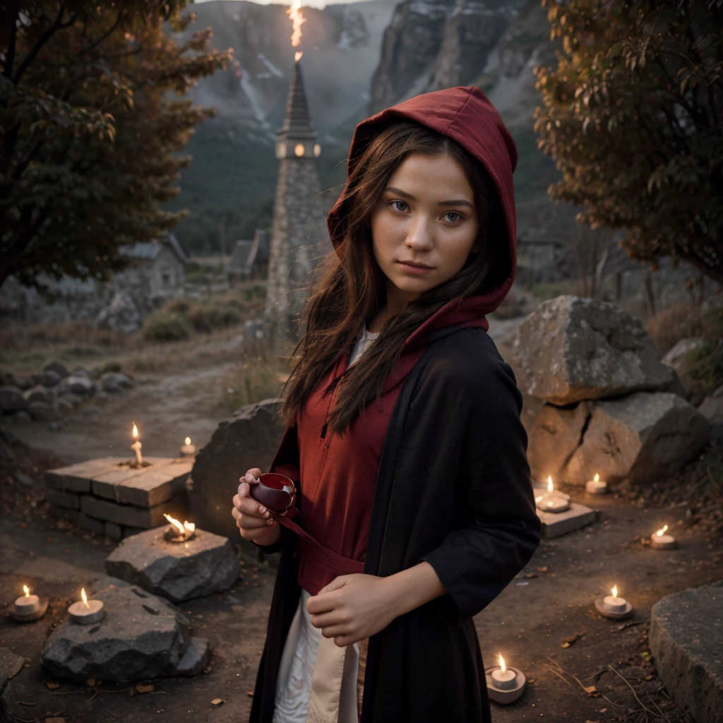 a masterpiece photograph of a twenty-five-year-old magician girl combining Peruvian Nigerian and Finnish features with the eyes of Luna Lovegood and the face shape of Mia Wasikowska, dressed in a red and black magic robe with a hood, makes a fireball in a dynamic full-length pose against the background of a picturesque and blooming hobbit village, concentration, cold atmosphere and bizarrely matching colors