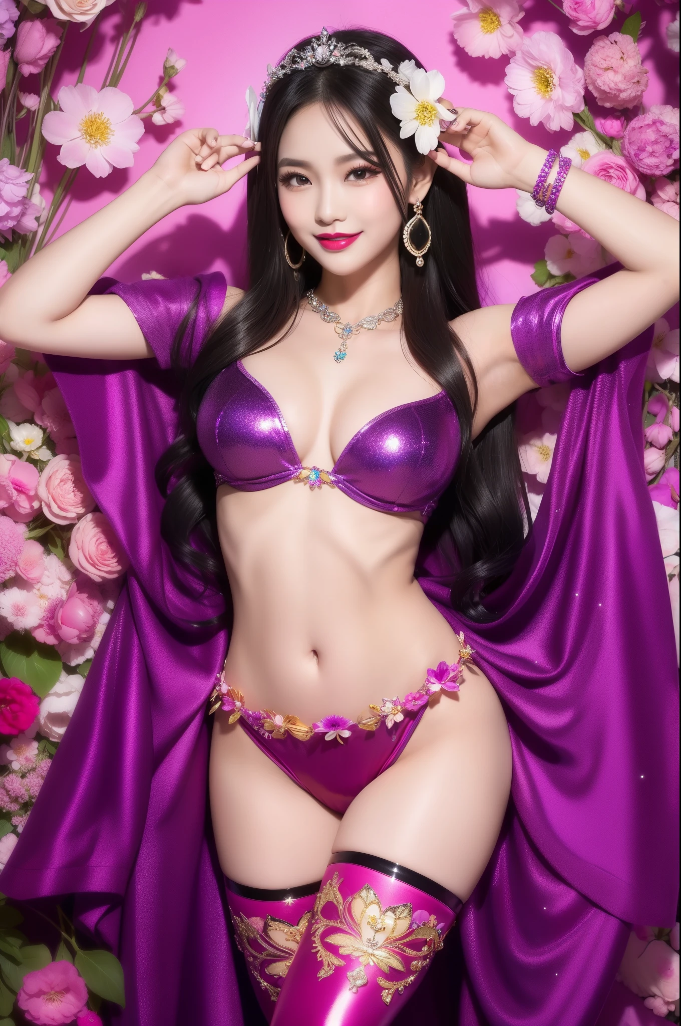 sexy Thai model who controls poison、beautiful smile、lipgloss、bold lipstick、intense makeup、look at the camera、full body Esbian、、sparkling poisoned flower costume、、、、sparkling Colorful hair、secrete poison、skull hair accessories、sexy tights、shiny sparkling flowers background