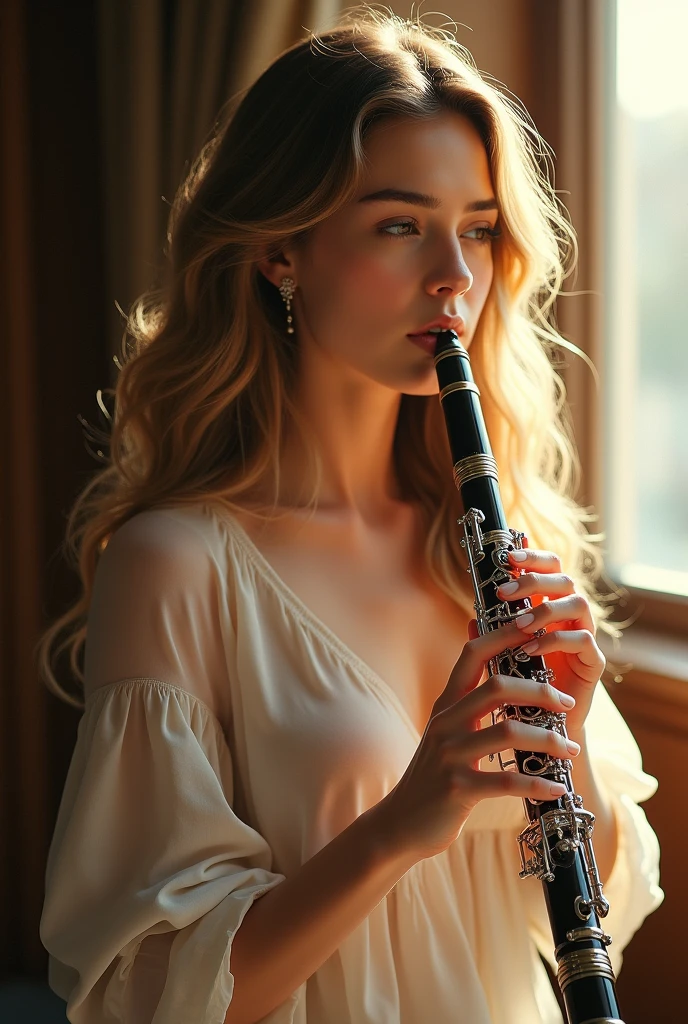 Woman with dark blonde hair playing clarinet