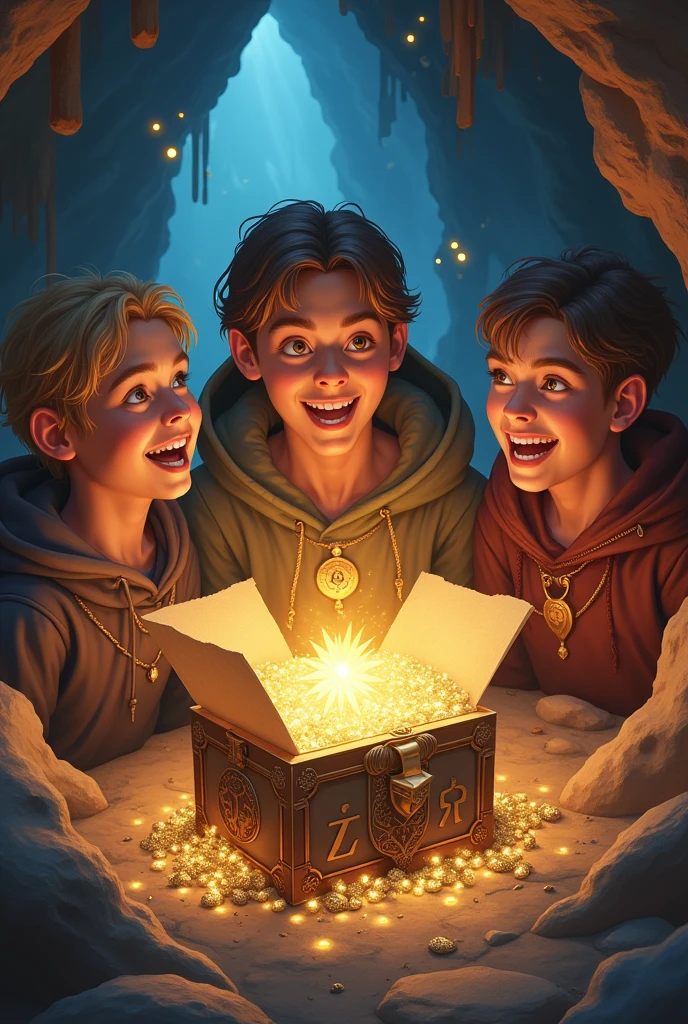 --checkpoint "SeaArt Infinity" --checkpoint "Mystical Treasure" --lora "Surprised Discovery" --lora "Enchanted Cave"  develop a dazzling scene inside an enchanted cave where a group of adventurers discover a hidden treasure. The cave is illuminated by soft light that reflects off walls covered in ancient runes and mystical symbols. The characters are visibly surprised and amazed at finding the treasure, with expressions of positive shock and enchantment. The treasure, composed of sparkling jewels, golden artifacts, and ancient scrolls, is surrounded by a brilliant aura that emits a mystical light. The adventurers' expressions show wide eyes and open mouths in admiration, capturing the emotion of the moment. The lighting highlights the brilliant details of the treasure and the characters' reactions, creating a magical and fascinating atmosphere. High and frontal angle, capturing the characters' reactions and the treasure's brilliance in detail. High-definition pixels to highlight the textures of the treasures and the detailed expressions of the adventurers. Filter with a soft lighting effect, emphasizing the brilliance of the treasures and the mystical lighting of the cave. Framing showing the characters in the foreground, with the illuminated treasure and the cavernous environment in the background, ensuring that the surprise reactions and the details of the treasure are clearly visible.