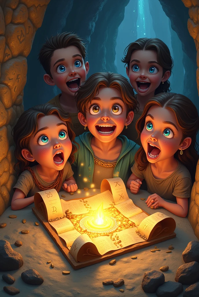 --checkpoint "SeaArt Infinity" --checkpoint "Mystical Treasure" --lora "Surprised Discovery" --lora "Enchanted Cave" develop a dazzling scene inside an enchanted cave where a group of adventurers discover a hidden treasure. The cave is illuminated by soft light that reflects off walls covered in ancient runes and mystical symbols. The characters are visibly surprised and amazed at finding the treasure, with expressions of positive shock and enchantment. The treasure, composed of sparkling jewels, golden artifacts, and ancient scrolls, is surrounded by a brilliant aura that emits a mystical light. The adventurers' expressions show wide eyes and open mouths in admiration, capturing the emotion of the moment. The lighting highlights the brilliant details of the treasure and the characters' reactions, creating a magical and fascinating atmosphere. High and frontal angle, capturing the characters' reactions and the treasure's brilliance in detail. High-definition pixels to highlight the textures of the treasures and the detailed expressions of the adventurers. Filter with a soft lighting effect, emphasizing the brilliance of the treasures and the mystical lighting of the cave. Framing showing the characters in the foreground, with the illuminated treasure and the cavernous environment in the background, ensuring that the surprise reactions and the details of the treasure are clearly visible.
