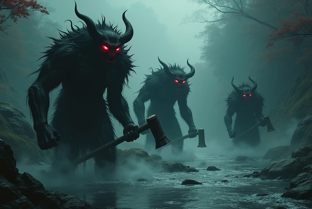 8 hairy demons with long horns and red eyes destroying a farming village