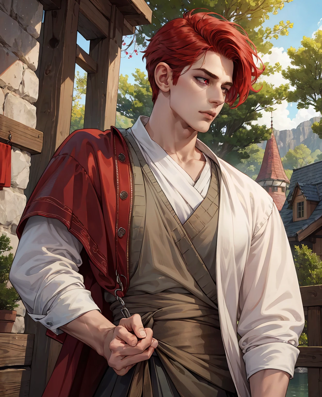 A young man with vibrant red hair and piercing red eyes, wearing simple yet practical village attire, (best quality,4k,8k,highres,masterpiece:1.2),ultra-detailed,(realistic,photorealistic,photo-realistic:1.37),detailed facial features, expressive eyes, sharp nose, full lips, detailed clothing textures, natural lighting, warm color tones, fantasy village background, cinematic composition