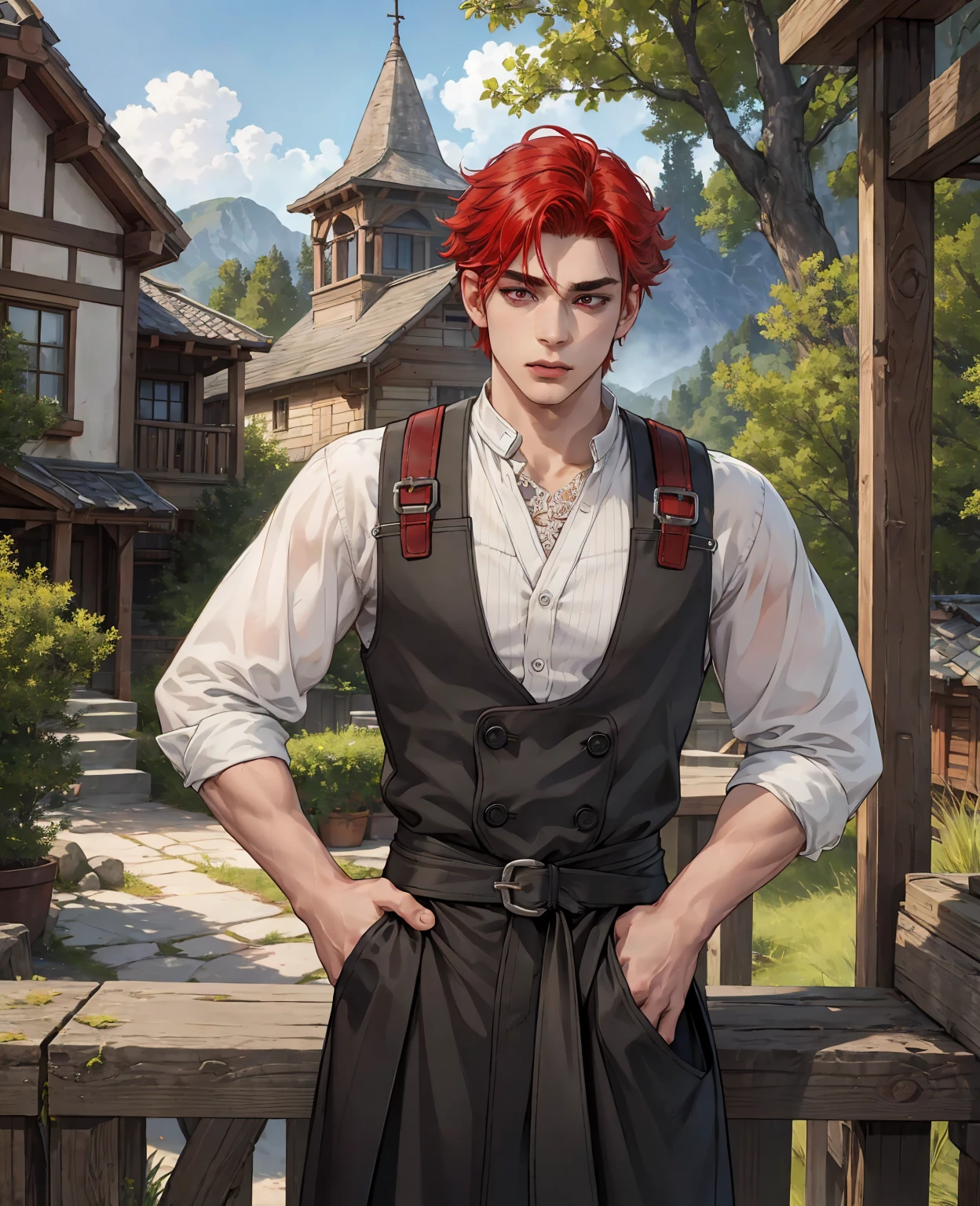 A young man with vibrant red hair and piercing red eyes, wearing simple yet practical village attire, (best quality,4k,8k,highres,masterpiece:1.2),ultra-detailed,(realistic,photorealistic,photo-realistic:1.37),detailed facial features, expressive eyes, sharp nose, full lips, detailed clothing textures, natural lighting, warm color tones, fantasy village background, cinematic composition