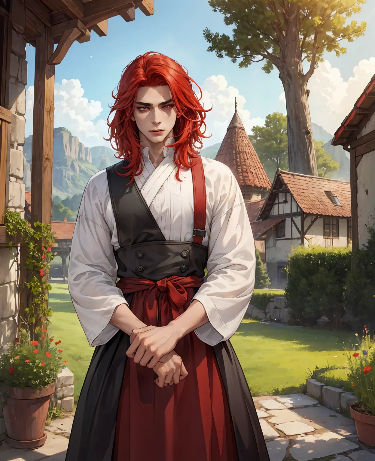 A young man with vibrant red hair and piercing red eyes, wearing simple yet practical village attire, (best quality,4k,8k,highres,masterpiece:1.2),ultra-detailed,(realistic,photorealistic,photo-realistic:1.37),detailed facial features, expressive eyes, sharp nose, full lips, detailed clothing textures, natural lighting, warm color tones, fantasy village background, cinematic composition