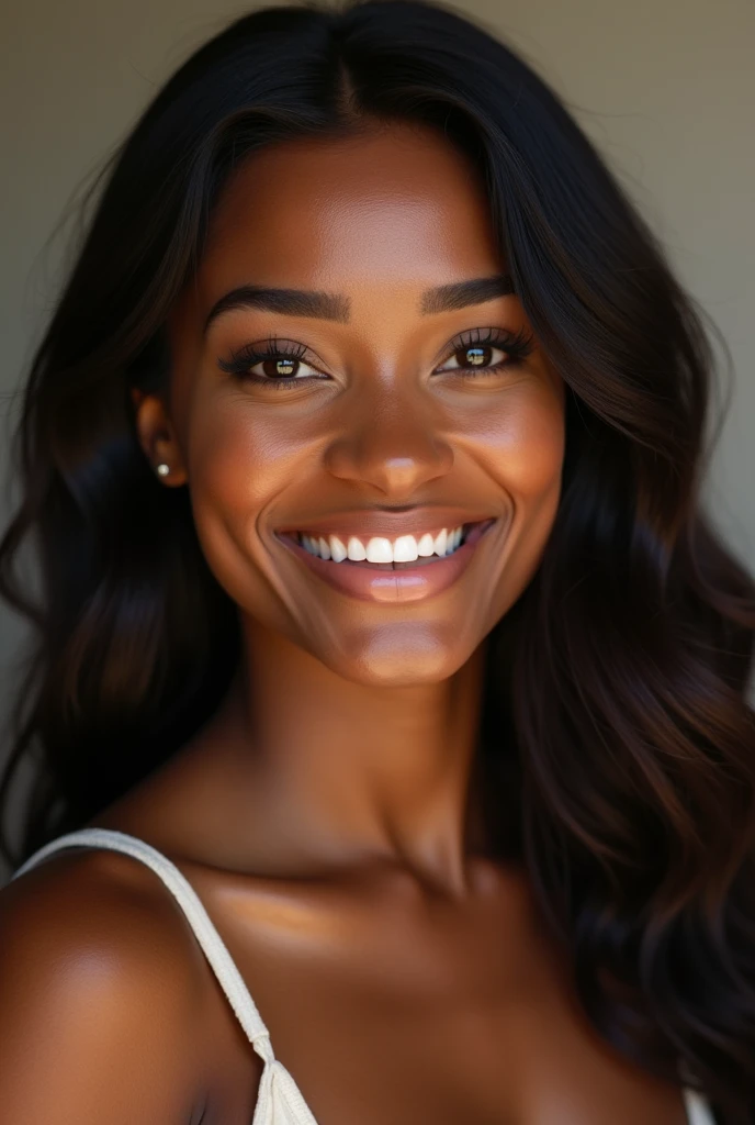 Elle a une peau d'un magnifique ton chocolat, lisse et éclatante. Son visage est délicat, avec des traits bien dessinés : des yeux brillants et expressifs qui attirent l'attention, des sourcils bien dessinés et des lèvres pulpeuses qui se courbent souvent en un sourire chaleureux. Ses cheveux, crépus et volumineux, tombent en boucles naturelles autour de son visage, ajoutant à son charme.

Sa silhouette est voluptueuse, avec une taille fine qui accentue ses courbes généreuses. Ses seins sont pleins et bien proportionnés, mettant en valeur sa féminité. Ses hanches sont larges et se terminent par des fesses bien rondes, qui lui donnent une allure à la fois séduisante et élégante. Elle dégage une confiance en soi qui attire les regards et laisse une impression durable. Elle est devant la télé au salon 