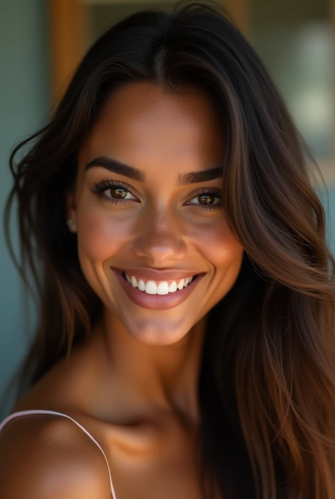 femme américaine de 22 ans , teint noir claire, affichant un teint lightskin éclatant. Elle est brune avec de longs cheveux lisses qui tombent élégamment sur ses épaules. Son visage est d'une grande beauté, avec des traits délicats et harmonieux. Elle arbore un sourire radieux et chaleureux qui illumine l'ensemble de son visage, mettant en valeur ses lèvres pleines et ses dents blanches