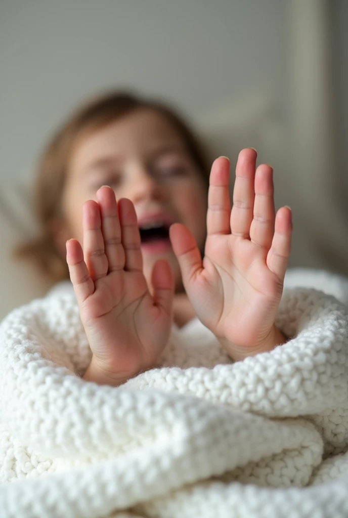 a white textured blanket and hands up, laughing. Hyperrealistic image with a lens aperture of 1.4 at a focal length of 35 mm