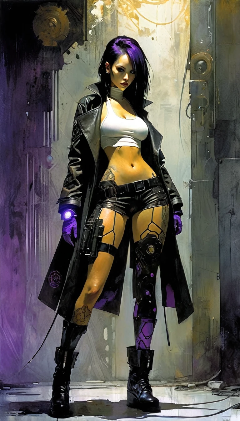 1woman, cyberpunk style, black futuristic coat, black hair, straight hair, long hair, purple inner hair, hexagon shape on coat, futuristic coat, tactical belts, holster,white tanktop, navel, shorts, mechanical gloves, mechanical boots, stylish pose, tactical outfit, barcode tattoo , "VXP" tattoo on legs, digital tattoo on body, white background, , (masterpiece:1.2), (best quality:1.2), (very aesthetic:1.2), (absurdres:1.2), (simple background), newest, intricate details, perfect anatomy, eroticism, sexy, black and white image, between shadows, oil painting, chiaroscuro, sensual, dramatic lighting, moody atmosphere, photorealistic, intricate details, masterpiece, ultra-detailed, high quality, 8k, best quality, realistic, cinematic, dark and brooding, expressionistic, powerful composition, emotional impact, art inspired by Bill Sienkiewicz and Dave McKean