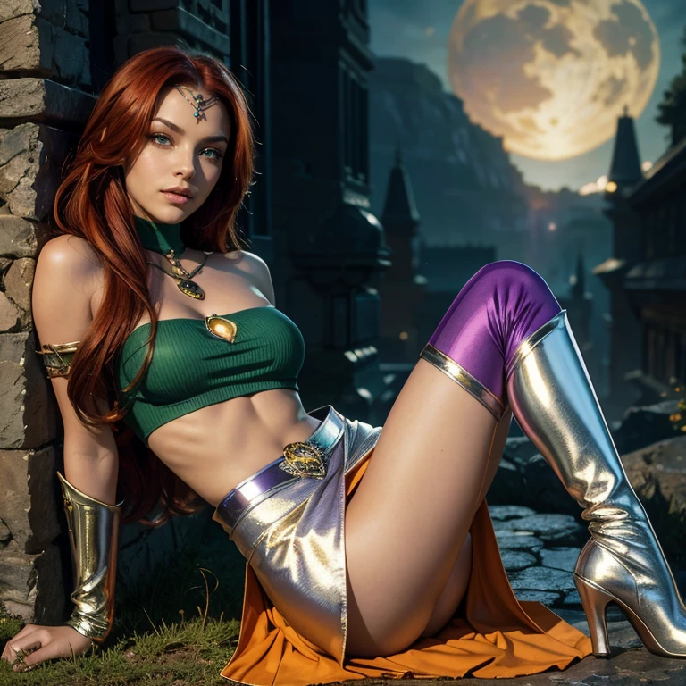 (masterpiece, best quality:1.5), highest quality, High resolution, super detailed, Realists, Full body photo of young Starfire from Tita detailed and beautiful green eyes, beautiful detailed lips, very detailed eyes and face, longeyelashes, additional eyebrows in the forehead area, Beautiful and colorful makeup, Heldenpose, dark red hair, slightly orange skin, bright daylight, bright colors, fine brushstrokes, Portrait style, beautiful color palette, glowing skin, First-class rendering, that captures every detail, enchanting atmosphere, (perfect anatomy:1.2), (The stunning Starfire wears a green top with silver shoulder plate, purple skirt and thigh high silver boots.Teen Ti animd series 2003, panoramic view:1.2)