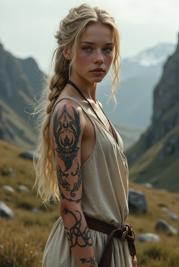  14 year old viking girl, Nordic tattoos, light clothing,