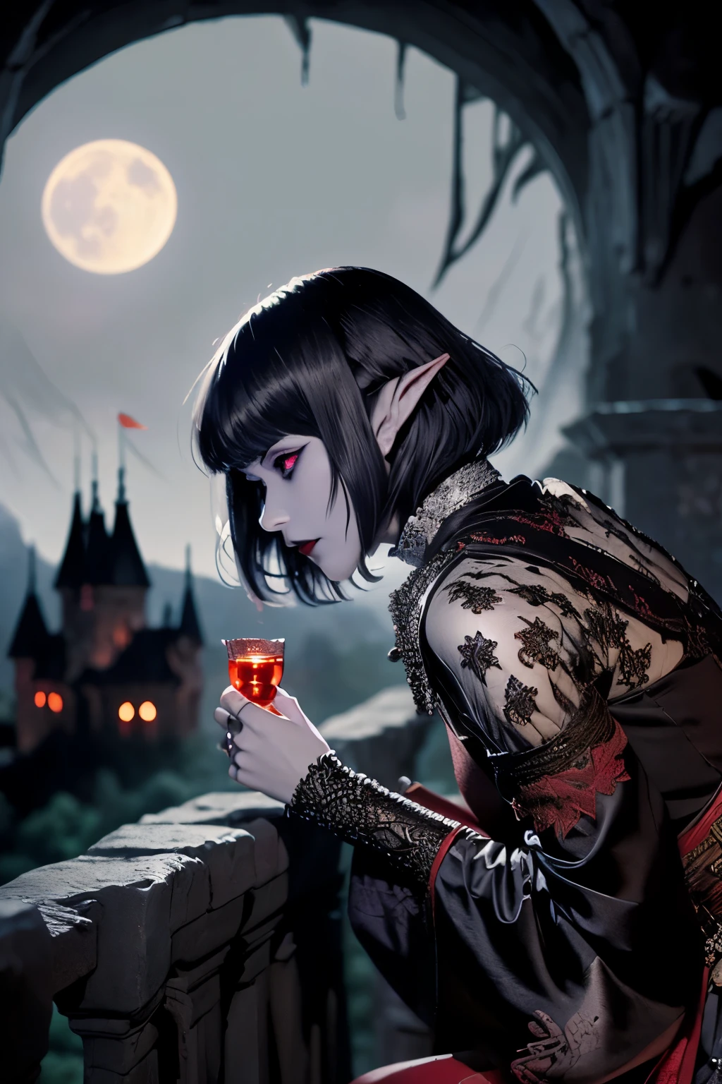 (Ultra-detailed face, looking away, Fantasy Illustration with Gothic, Ukiyo-e, Comic Art, Rich colors), 
BREAK 
(Medieval Eastern European world, red moon, thick fog, deep forest, castle on a sheer cliff, Transylvania, Dracula legend, werewolf legend), 
BREAK 
(DarkElves: A middle-aged dark elf woman with silver color hair, blunt bangs, bob cut and dark purple color skin, lavender color eyes), 
BREAK 
(Dark elf female Dracula hunter with beads woven into her hair, wearing a white ornate ruffled blouse, embroidered red vest, leather pants and knee-high black boots.), 
BREAK 
(The female dark elf Dracula Hunter, with her back turned, gazes at Dracula's castle from the top of a small hill, illuminated by the red moon. In one hand she holds a silver dagger and a silver crossed talisman. parabolic effect)