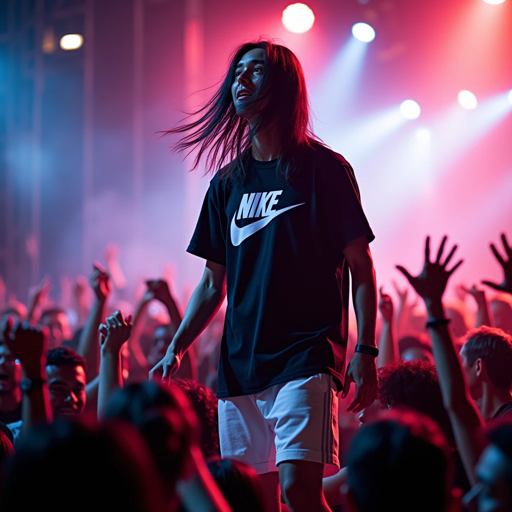 a Japanese DJ with long hair wearing a black Nike t-shirt and white Addidas shorts singing