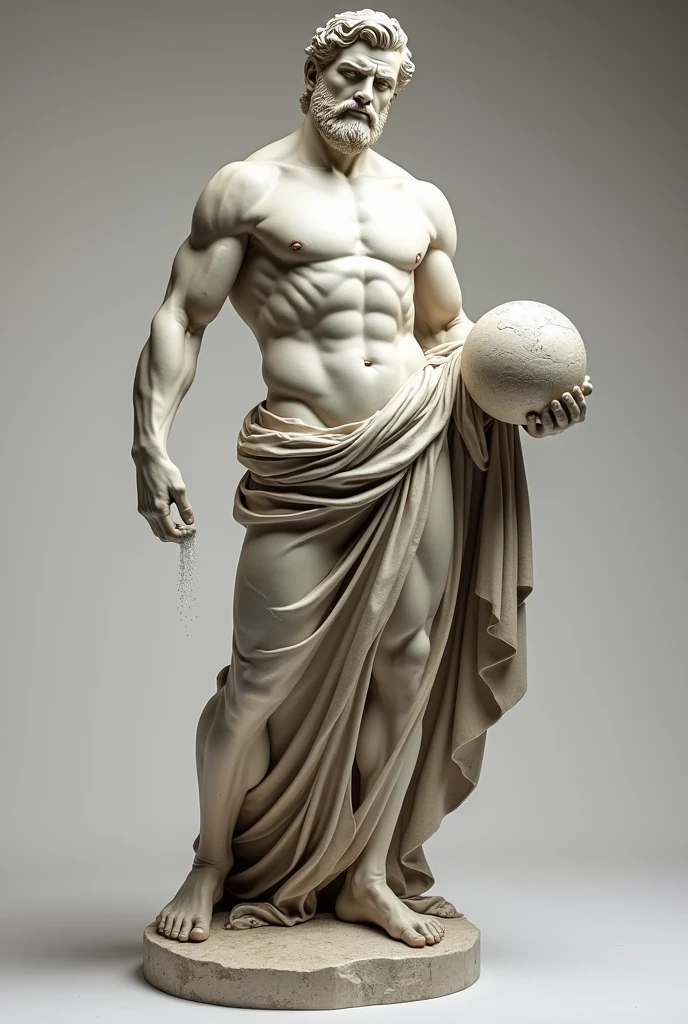Greek male statue holding the Earth in his hand and pouring salt on it
