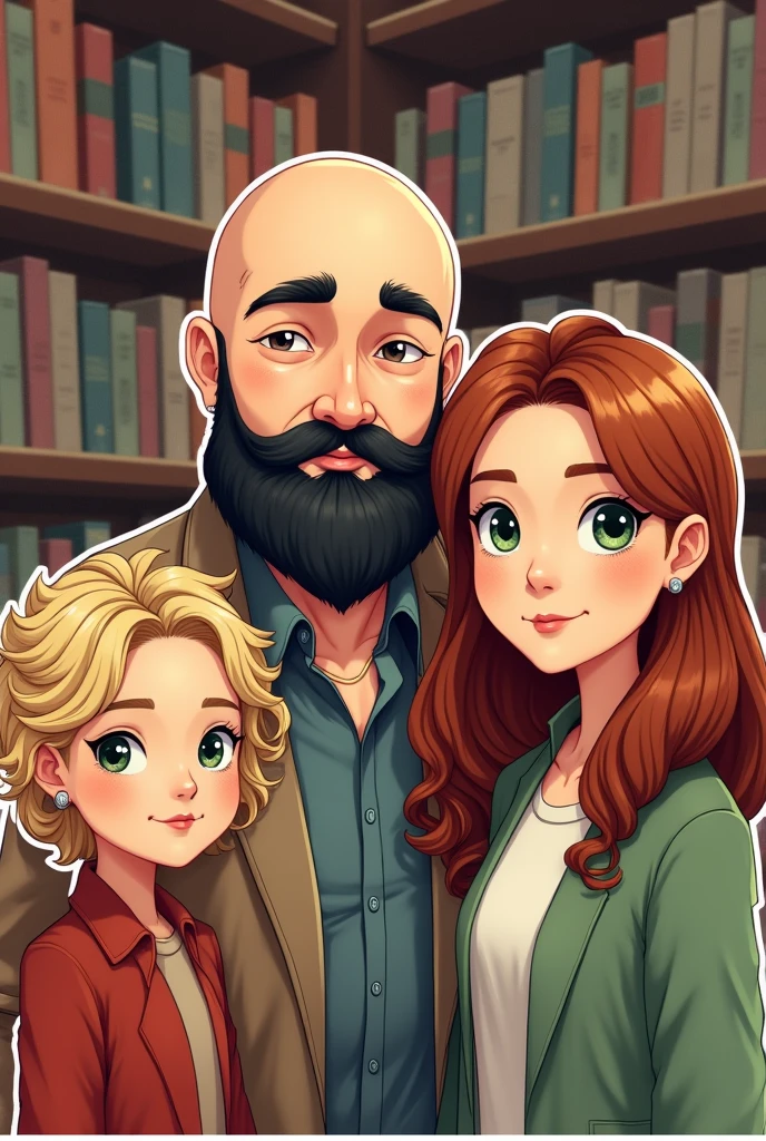 A family, A white man, Cao Cao, calvo, black beard, greeneyes, ao lado de uma mulher white de greeneyes com o cabelo castanho-acobreado, straight and without bangs parted in the middle, next to an 18 year old girl, white, greeneyes, curly and blonde hair, in a bookstore, illustration style, sticker