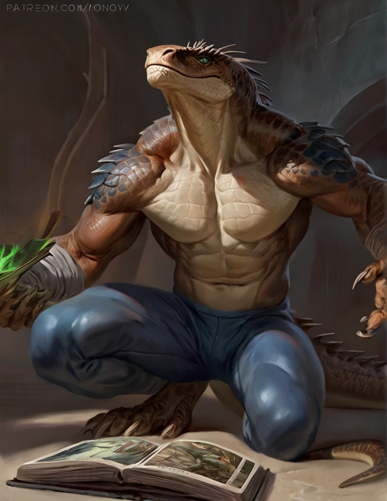 a ferocious male lizardfolk, magic user, muscular detailed body, masculine pose, tall topless, bodysuit, comic book style illustration, best quality, 4k, ultra-detailed, realistic, by laobai, by taran fiddler, by honovy