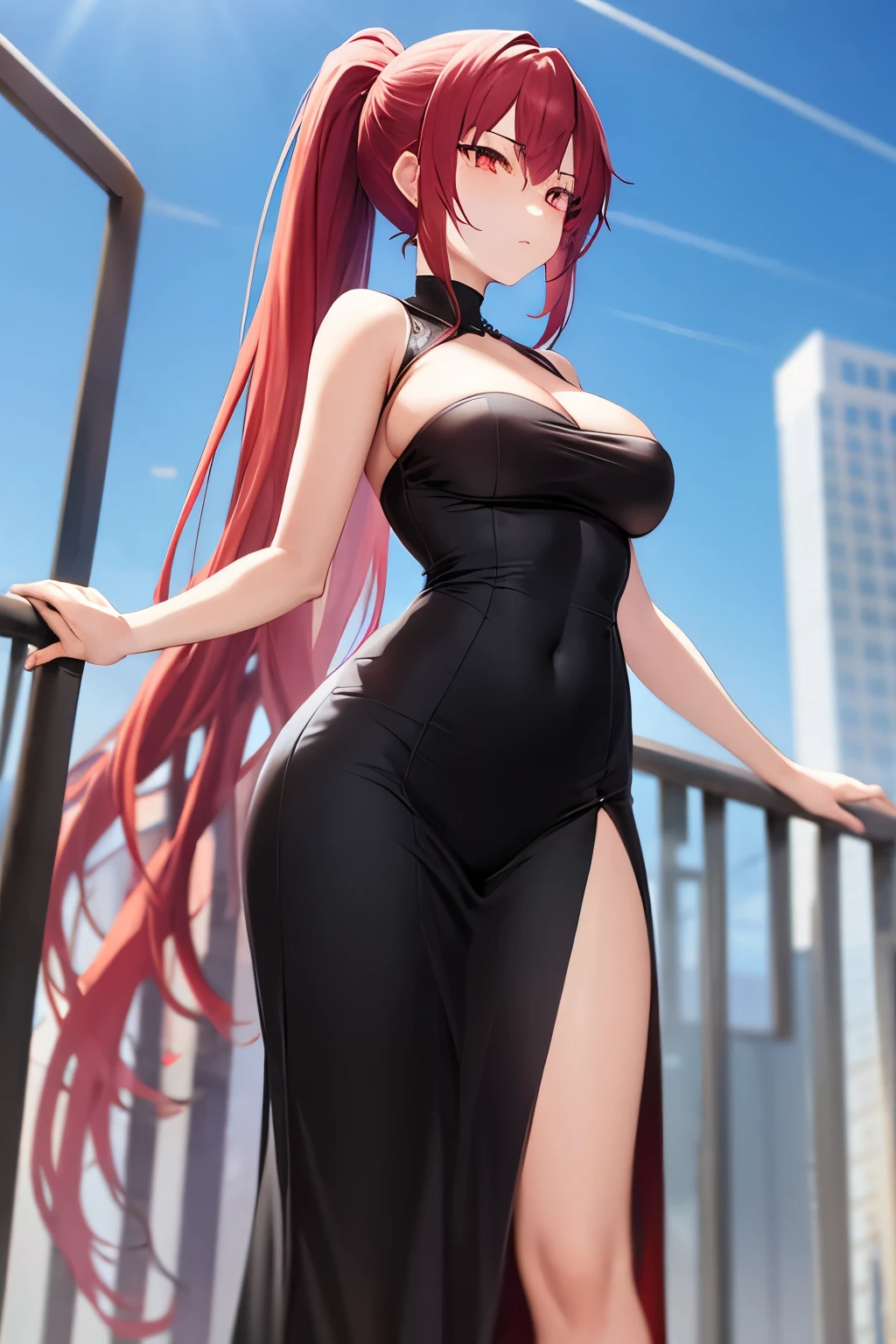 (masterpiece), best quality, BREAK, expressive eyes, (perfect face), 1girl, BREAK,( very long hair, red hair, ponytail), BREAK, (red eyes, agressive eyes, detailed eyes), BREAK, (unpleasant facial expression), BREAK, (very tall height), (skinny build), BREAK, (black dress), BREAK, (downtown), BREAK, (standing), (sideview)