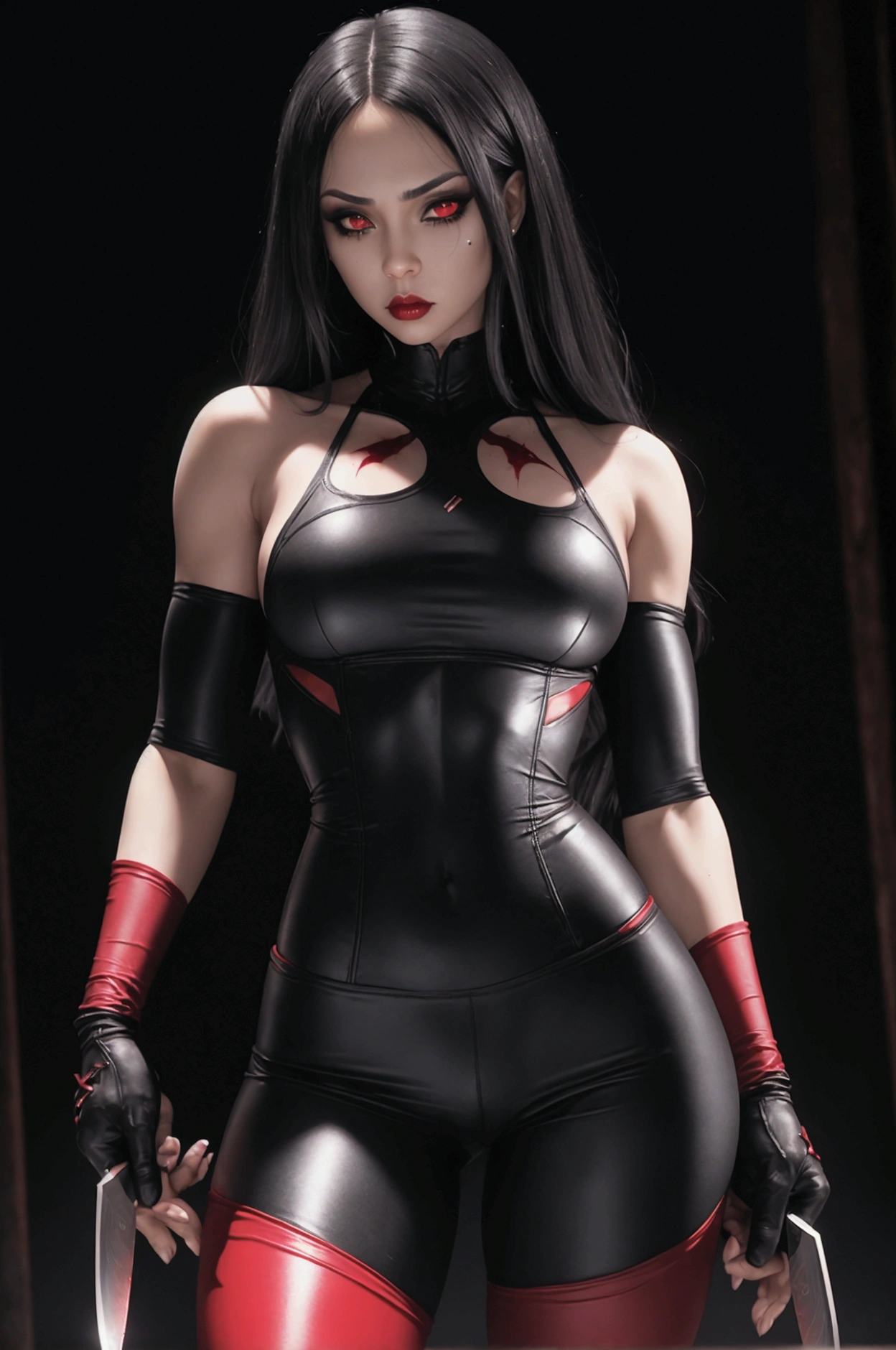 eye tear of blood knife in hand with blood light skin .gothic makeup long dark hair athletic body slim waist big breasts big buttocks with black and red 2 piece short lycra pants tight in bar