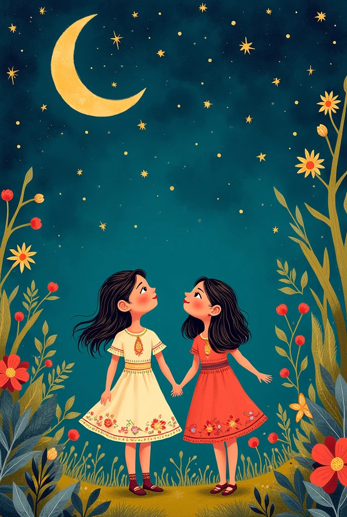create a drawing that is like hand drawn inspired by the artwork "beds for dreams" by Carmen Lomas Garza in Mexican style that does not specifically mention a bed but two girls looking at the sky 
