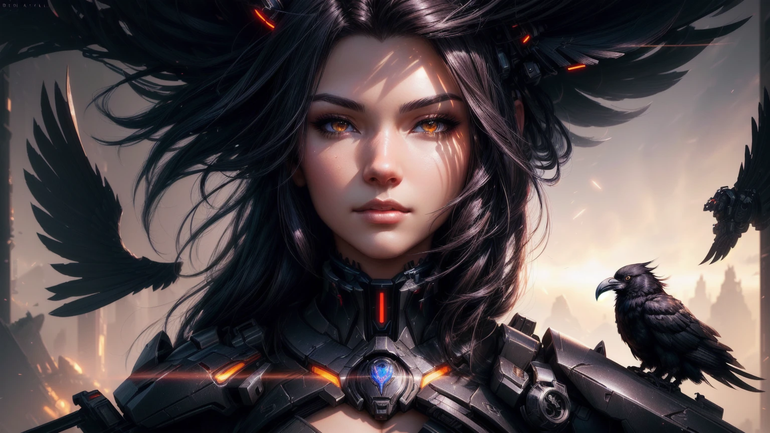 mecha raven style hairs, steel mechanical raven head with hairs, sci-fi, a close up of a sexy woman - sci-FI  with a sci fiorer on her face, Mechanical raven IN HAIRS, glowing light feathers in hairs, fiol glowing eyes, hd , cinematic, cinematic light, dinamic, rossdraws portrait, fantasy concept art portrait, wojtek fus, rossdraws 2. 0, rossdraws 1. 0, rossdraws digital painting, epic fantasy digital art style, cgsociety portrait, rossdraws global illumination, :: rossdraws, alexandra fomina artstation