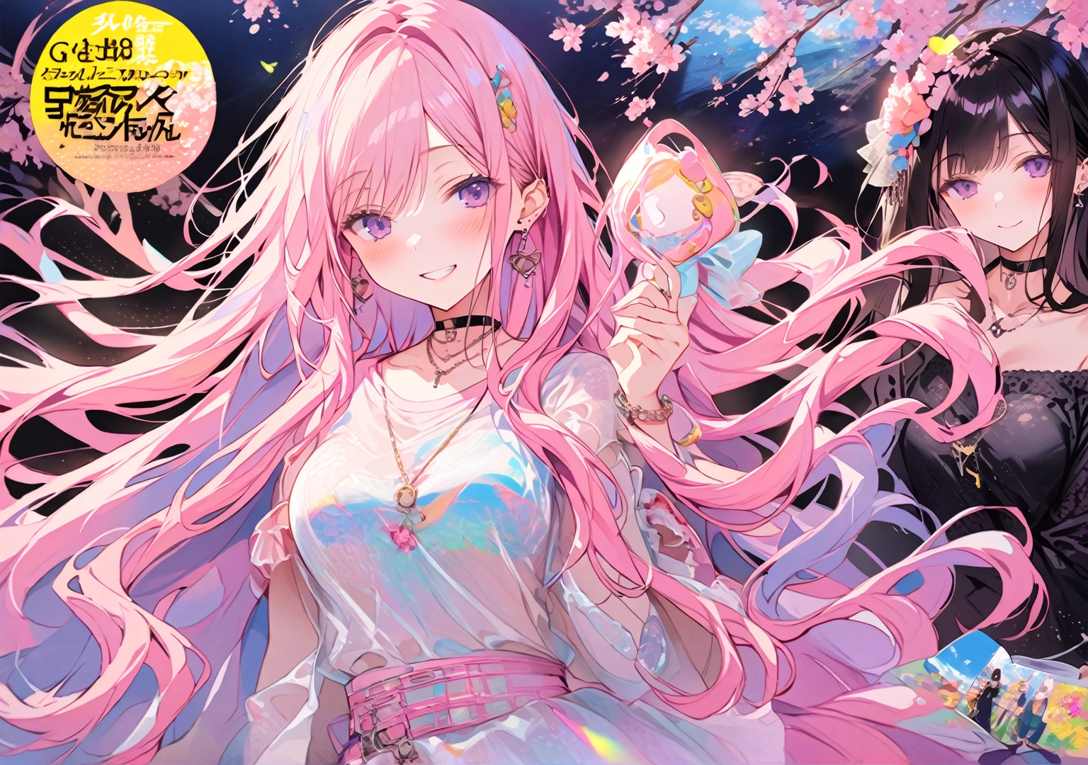 masterpiece, Highest quality, whole body, One girl, bangs, black choker, blush, bracelet, chest, choker, clothes The surrounding area waist, clavicle, Cowboy Shot, ear Earrings, Eyebrows visible through hair, Gradient Hair, Grin, fix, jewelry, Kogal, Long Hair, View Viewer, Earrings, Red eyes, ring, , smile, alone, street, null, cherry blossoms, petal,figure, (magazine:1.3), (cover-style:1.3), fashionable, woman, Vibrant, Pause, front, colorful, dynamic, background, element, have confidence, Performance, Holding, statement, accessories, Majestic, Coiled, The surrounding area, touch, scene, article, cover, bold, to attract attention, title, stylish, font, Catchy, Heading, big, impressive, Modern, trend, concentrated, fashion,((masterpiece)), Highest quality, Absurd, Super detailed, Holographic, Cowboy Shot, ダイナミックなPause, Golden Ratio, Very cute girl, mature, Very beautiful, Super beautiful Asian with gorgeous purple eyes, Very beautiful hair, Shiny skin, nice and sexy body, Slim and delicate body, Perfect body, Cute Panties, Fox Headset, Get your picture taken in a cute alien spaceship,naked,Big Breasts,Sexy