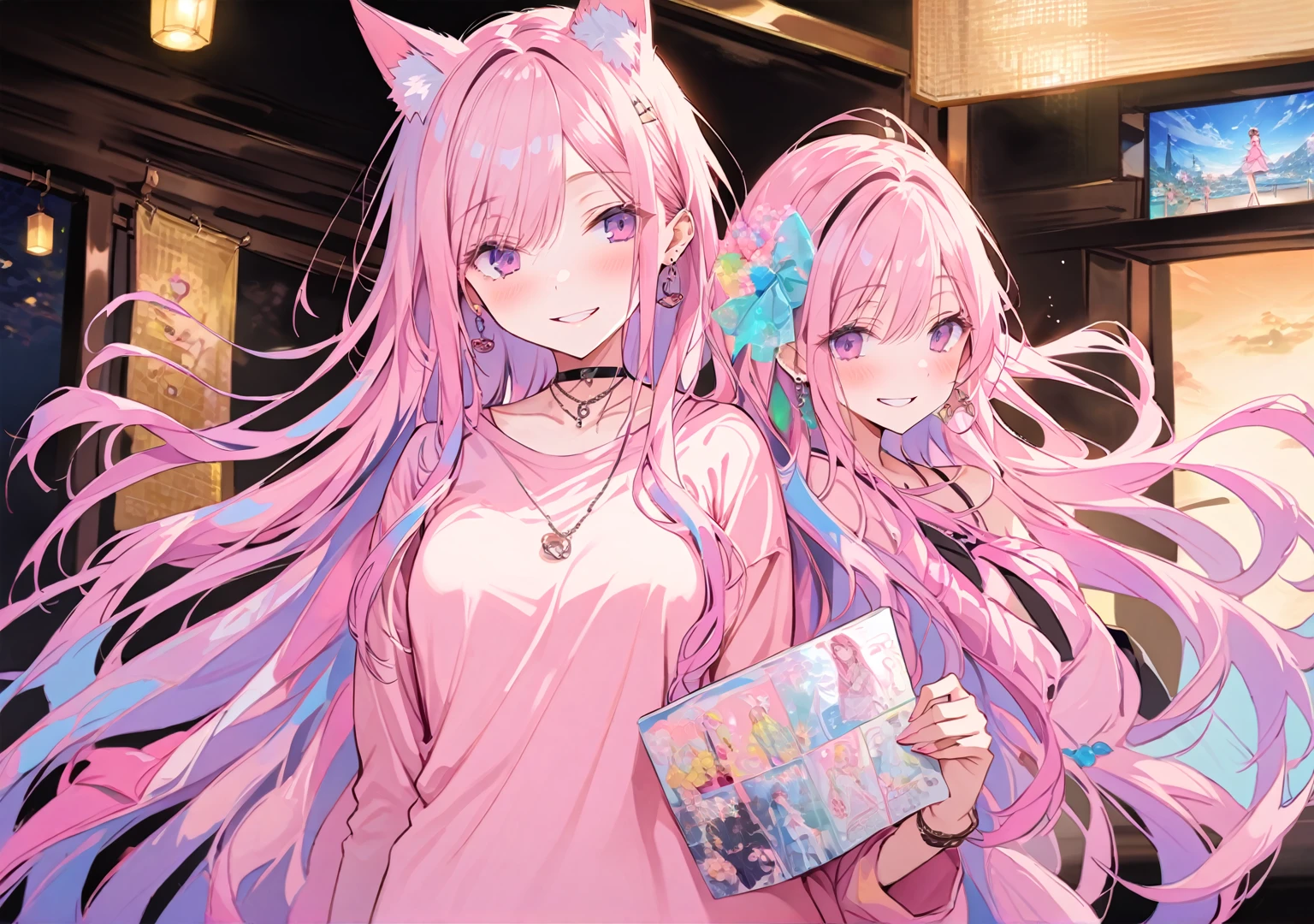 masterpiece, Highest quality, whole body, One girl, bangs, black choker, blush, bracelet, chest, choker, clothes The surrounding area waist, clavicle, Cowboy Shot, ear Earrings, Eyebrows visible through hair, Gradient Hair, Grin, fix, jewelry, Kogal, Long Hair, View Viewer, Earrings, Red eyes, ring, , smile, alone, street, null, cherry blossoms, petal,figure, (magazine:1.3), (cover-style:1.3), fashionable, woman, Vibrant, Pause, front, colorful, dynamic, background, element, have confidence, Performance, Holding, statement, accessories, Majestic, Coiled, The surrounding area, touch, scene, article, cover, bold, to attract attention, title, stylish, font, Catchy, Heading, big, impressive, Modern, trend, concentrated, fashion,((masterpiece)), Highest quality, Absurd, Super detailed, Holographic, Cowboy Shot, ダイナミックなPause, Golden Ratio, Very cute girl, mature, Very beautiful, Super beautiful Asian with gorgeous purple eyes, Very beautiful hair, Shiny skin, nice and sexy body, Slim and delicate body, Perfect body, Cute Panties, Fox Headset, Get your picture taken in a cute alien spaceship,naked,Big Breasts,Sexy